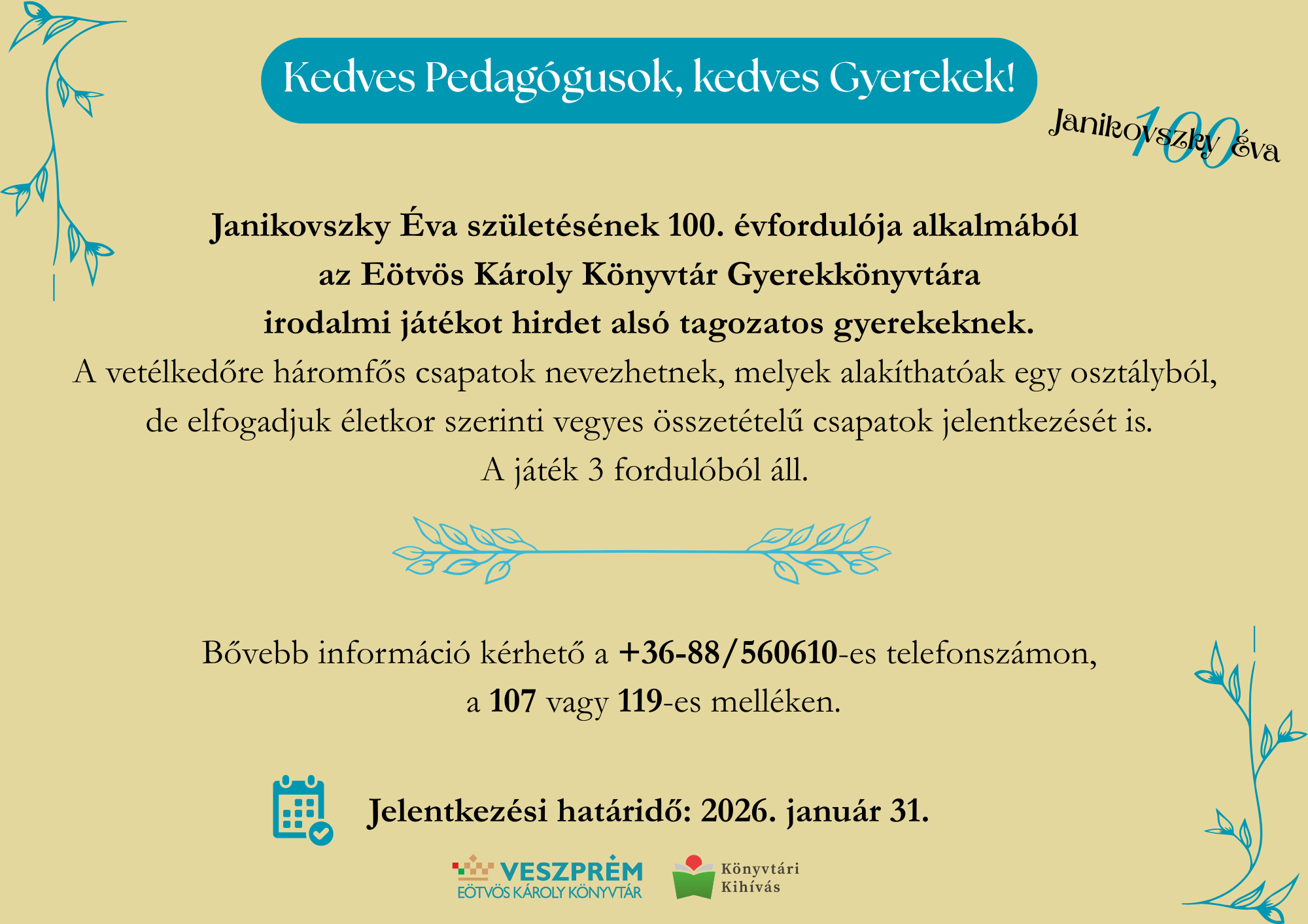 Janikovszky Éva születésének 100. évfordulója alkalmából az Eötvös Károly Könyvtár Gyerekkönyvtára irodalmi játékot hirdet alsó tagozatos gyerekeknek.